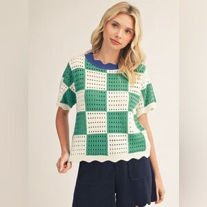 Blue green crochet lace eyelet scalloped check western sweater tunic top shirt